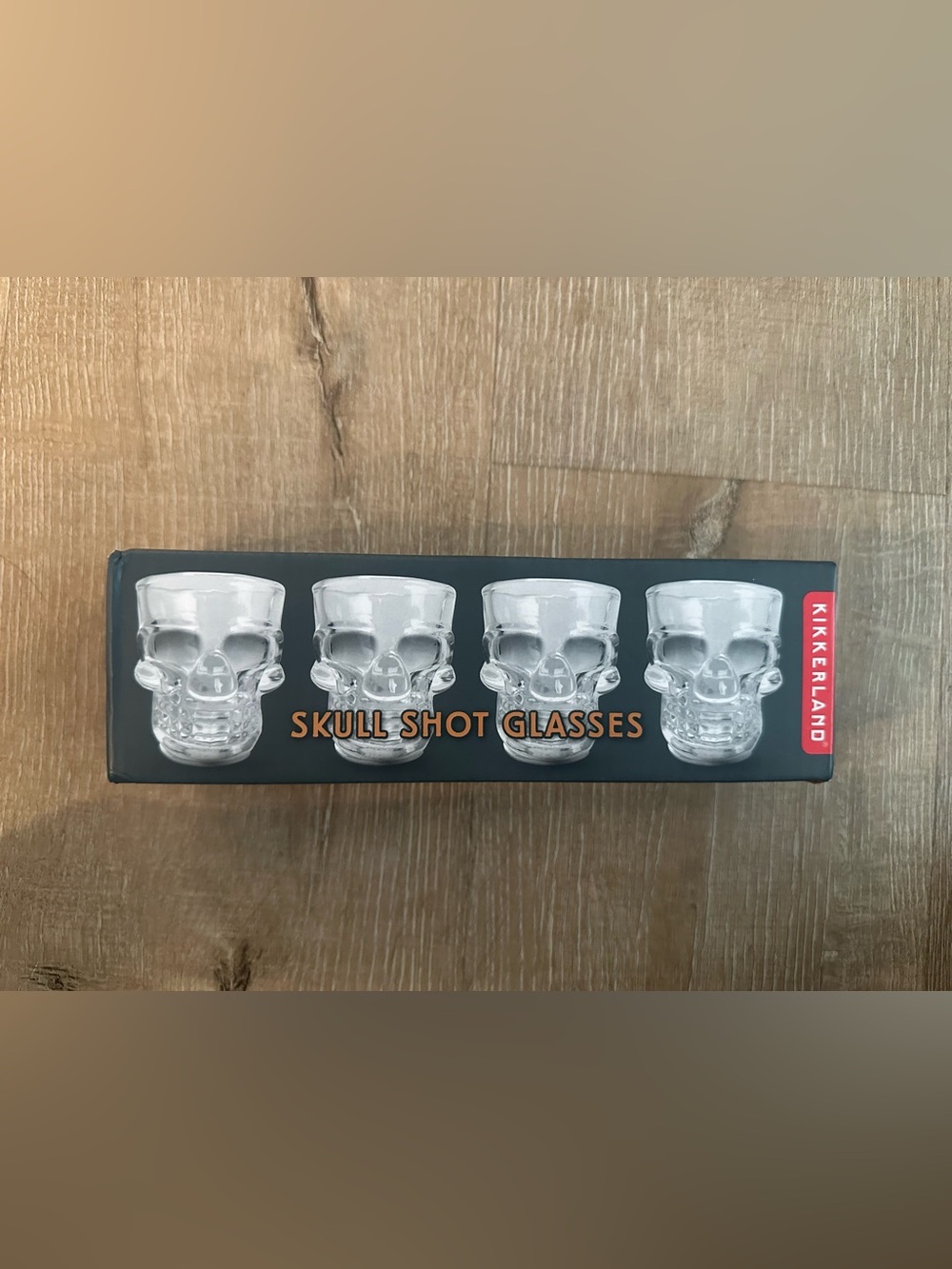 Kikkerland Skull Shot Glasses Set of 4 Clear Glass 1oz Halloween Barware NIB NEW